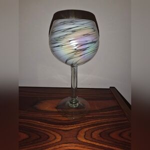 Big Beautiful Wine Goblet/art Glass White Swirl/Iridescent